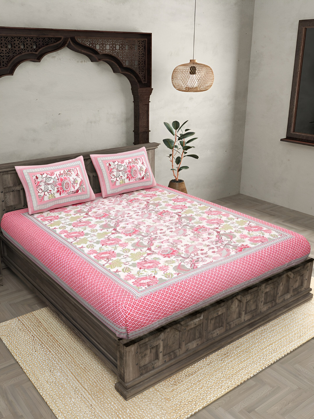 JAIPUR FABRIC Gala White Floral Pure Cotton 120 TC King Bedsheet with 2 Pillow Covers-89 x 108 inches