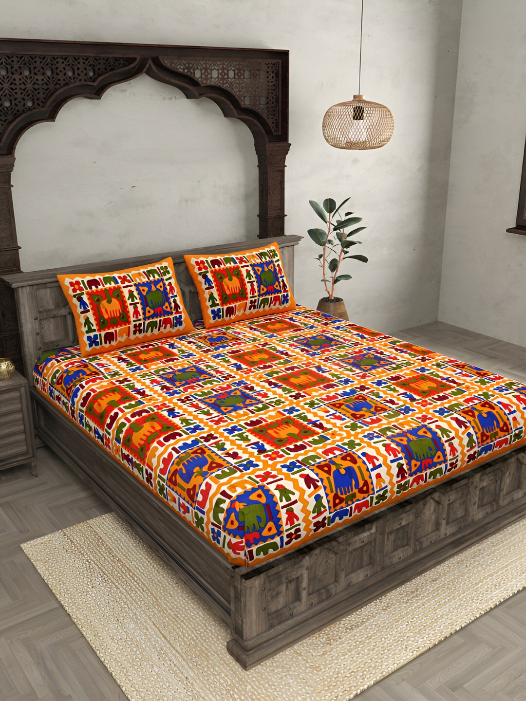 JAIPUR FABRIC Elephant Red Floral Cotton 120 TC King Coarse Bedsheet with 2 Pillow Covers-108 x 88 inches