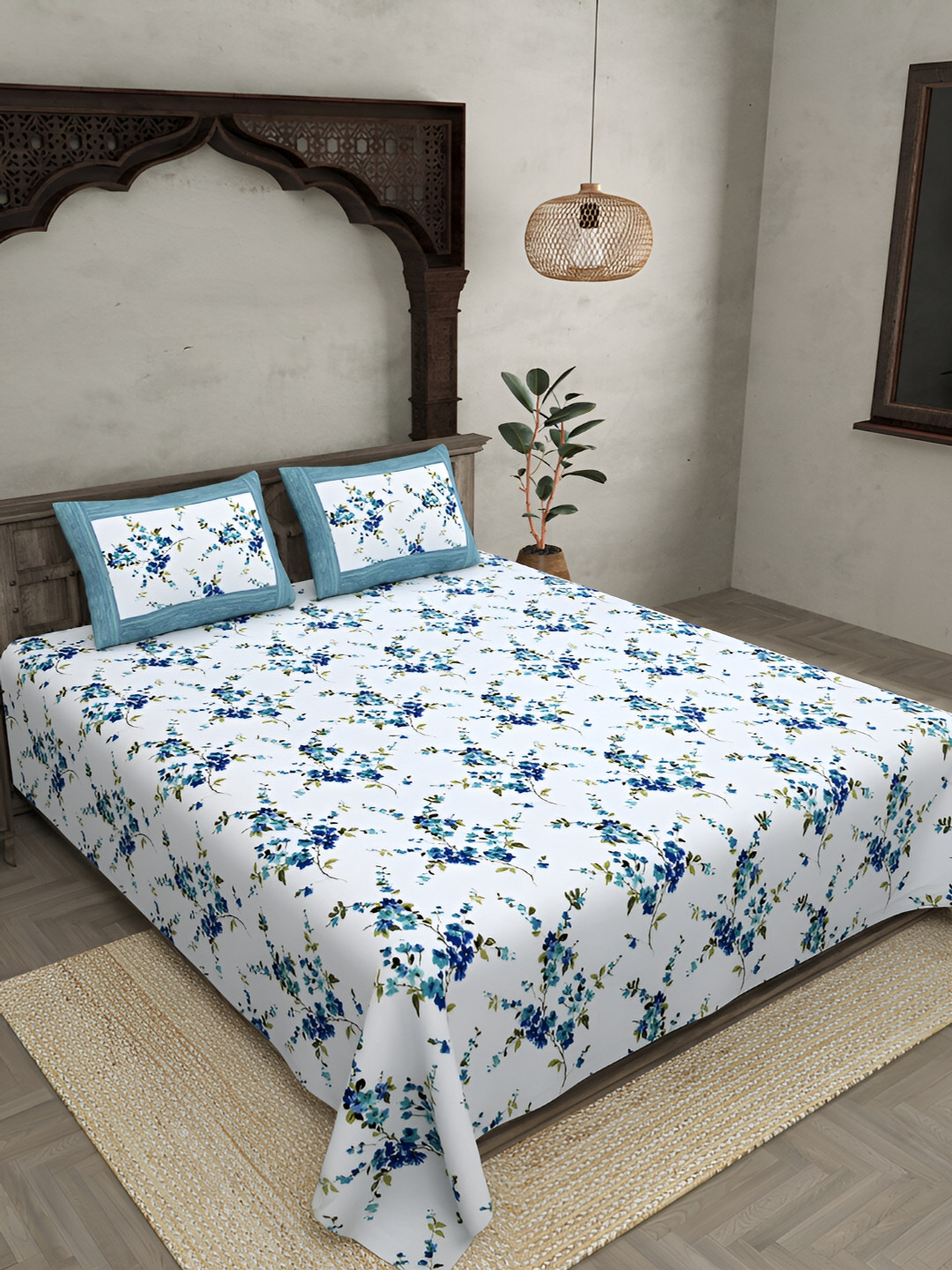 JAIPUR FABRIC White Floral Pure Cotton 250 TC King Fine Bedsheet with 2 Pillow Covers-108 x 100 inches