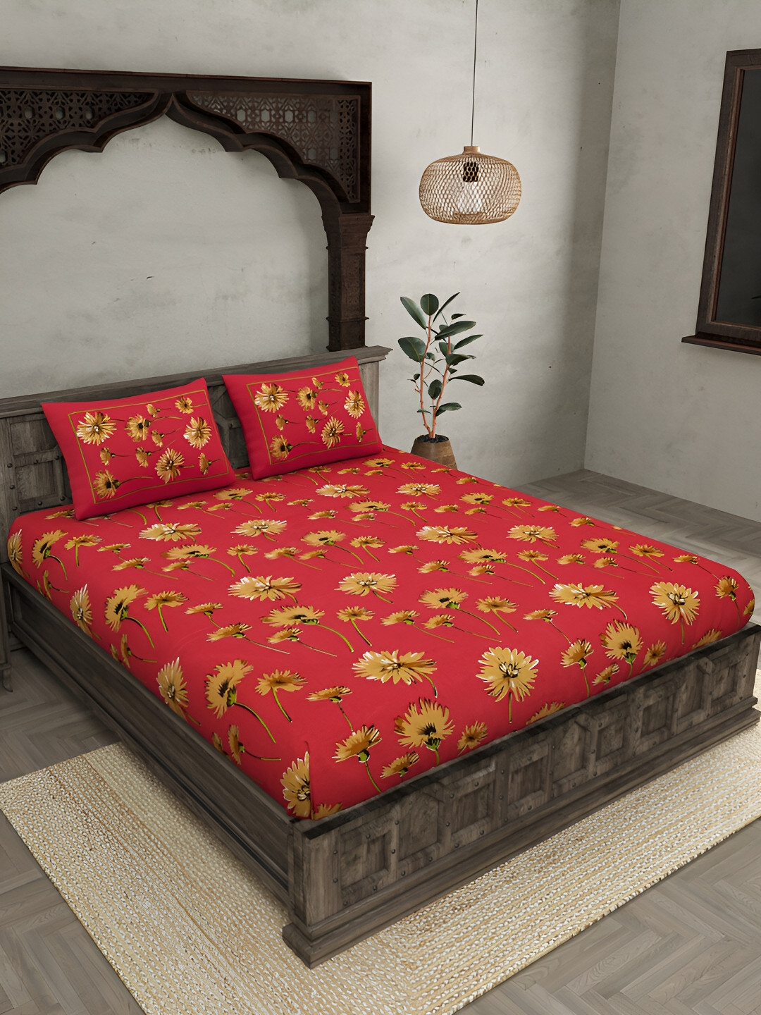 JAIPUR FABRIC Red Floral Cotton 144 TC King Bedsheet with 2 Pillow Covers-108 x 88 inches