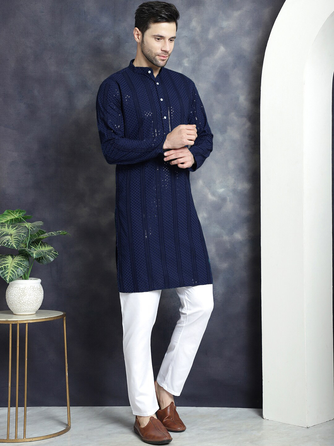 Jompers Mamdarin Collar Embroidered Sequinned Chikankari Straight Kurta with Pyjamas