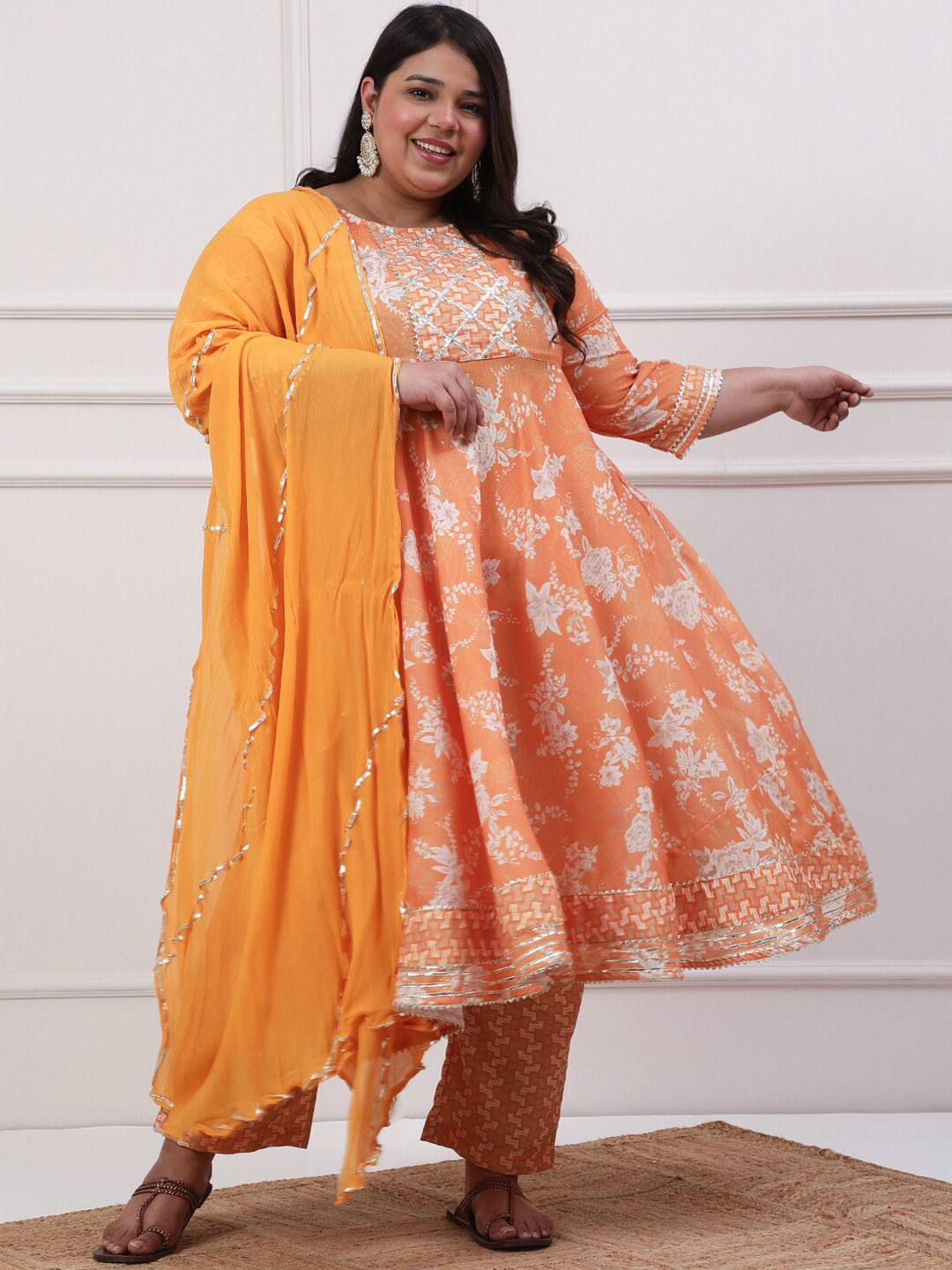 Jaipur Kurti Plus Size Floral Print Flared Kurta With Pants And Dupatta
