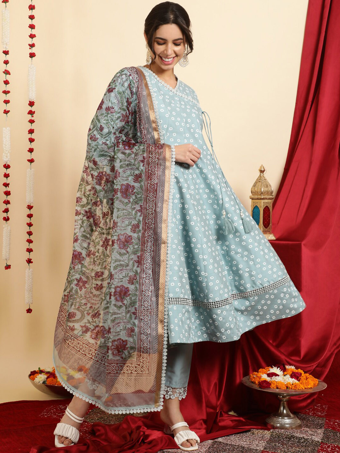 Jaipur Kurti Festive Printed Anarkali Kurta Set With Handblock Dupatta
