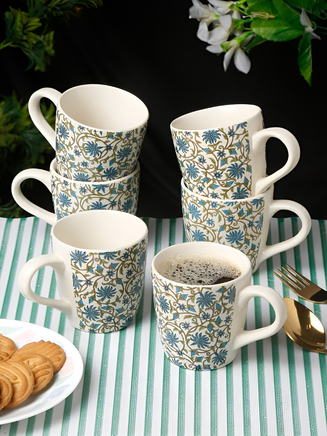 Arrabi Nimit Name Personalised White Floral Stoneware Handmade 6 Piece Cups-220ml