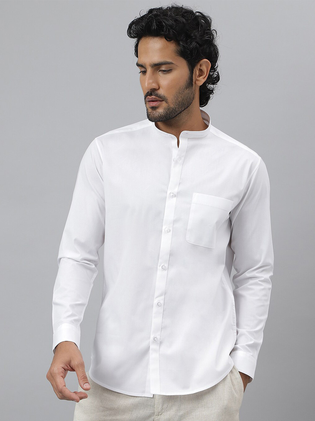 KINGDOM OF WHITE Mandarin Collar Pure Cotton Stretch Slim Fit Casual Shirt