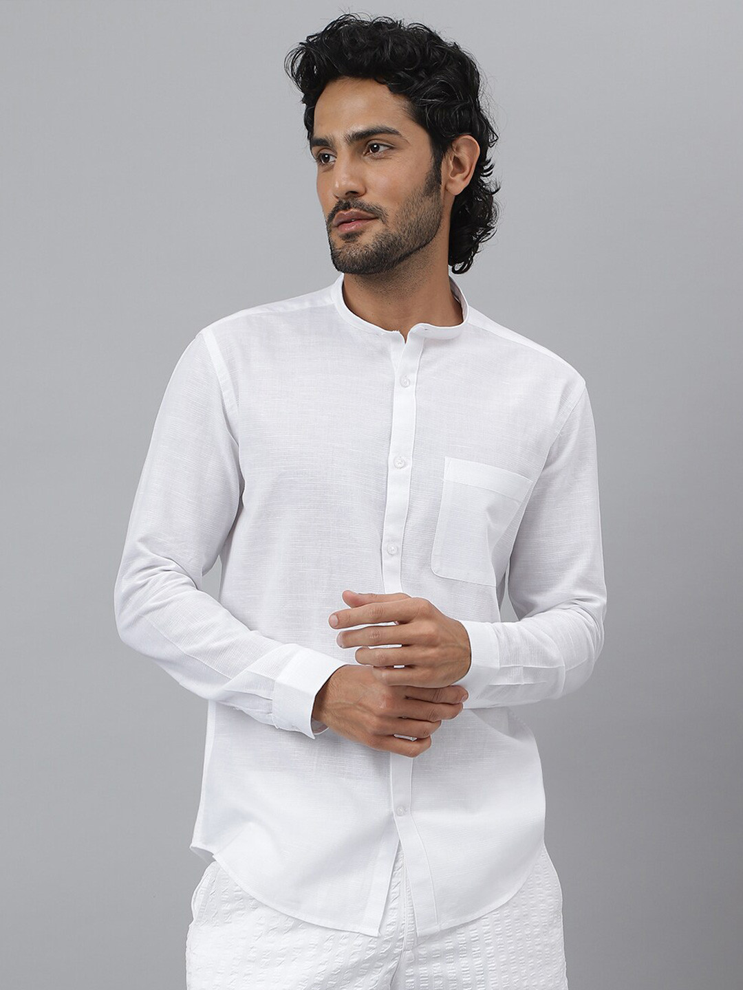 KINGDOM OF WHITE Mandarin Collar Casual White Linen Shirt