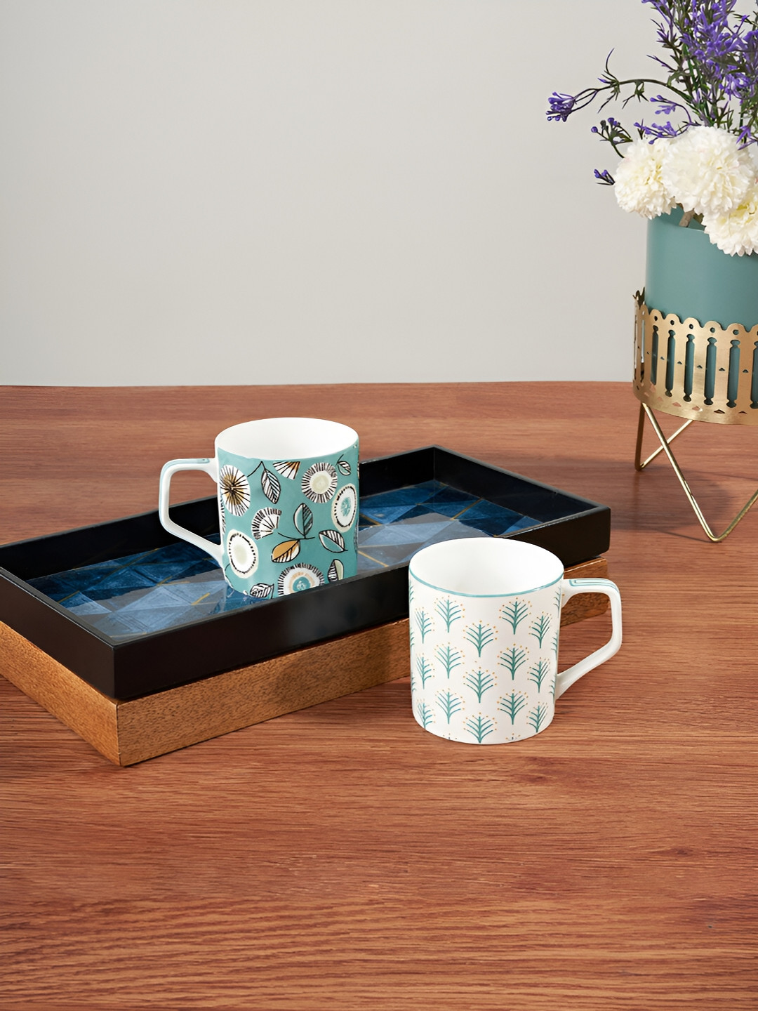 Living scapes by Pantaloons Green & White 2 Pieces Printed Bone China Matte Cups Set