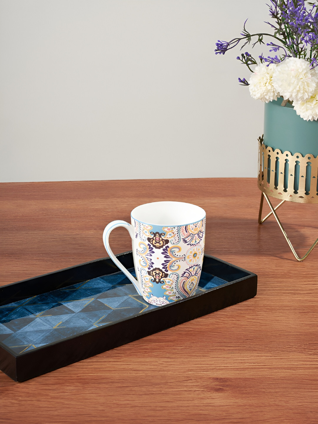 Living scapes by Pantaloons 22k Liquid Marble Gold Design White Ethnic Motifs Bone China Microwave Safe Mug-300ml