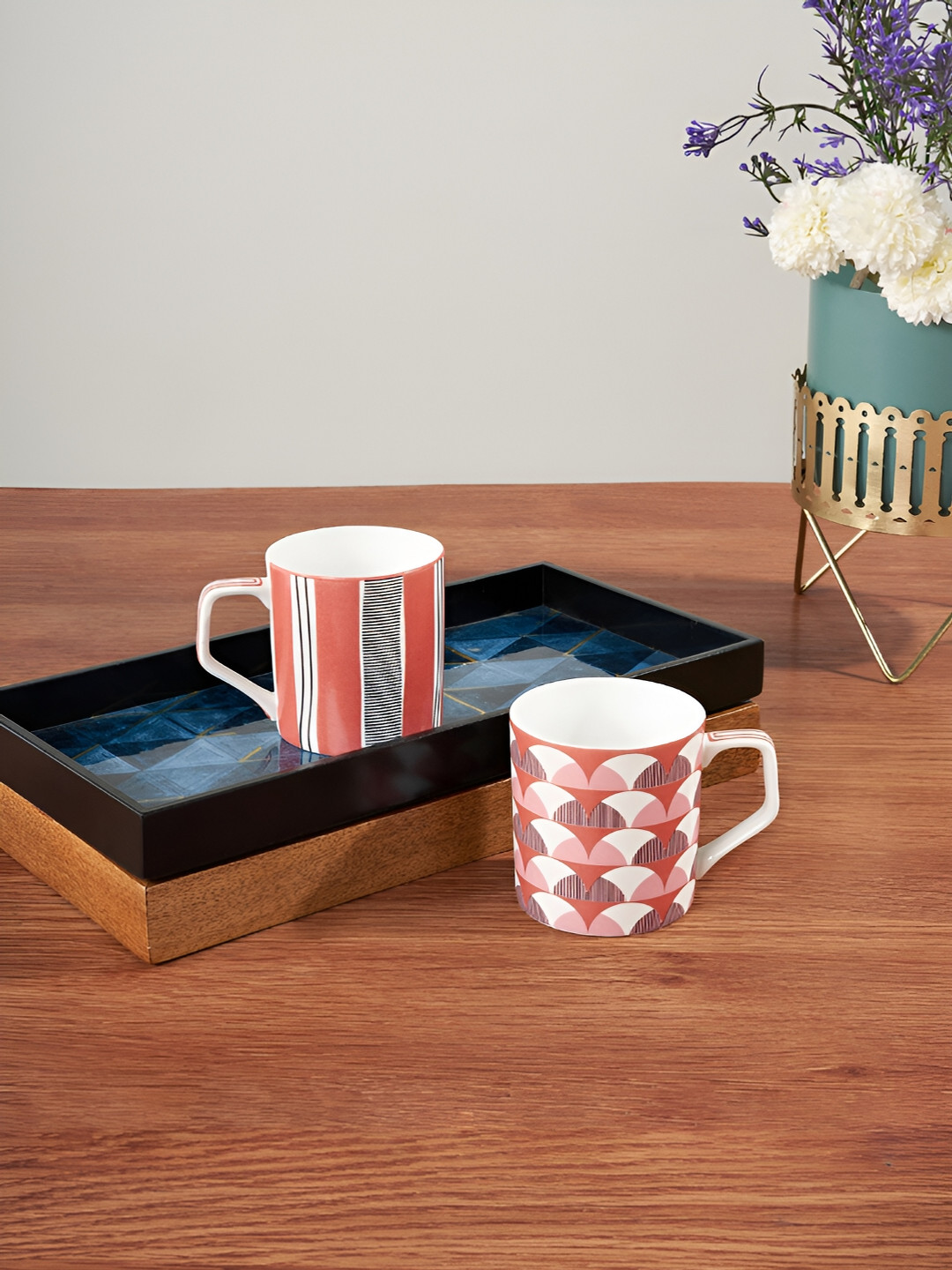 Living scapes by Pantaloons Dotty Kulhar Peach Geometric Bone China Microwave Safe 2 Piece Cups-200ml