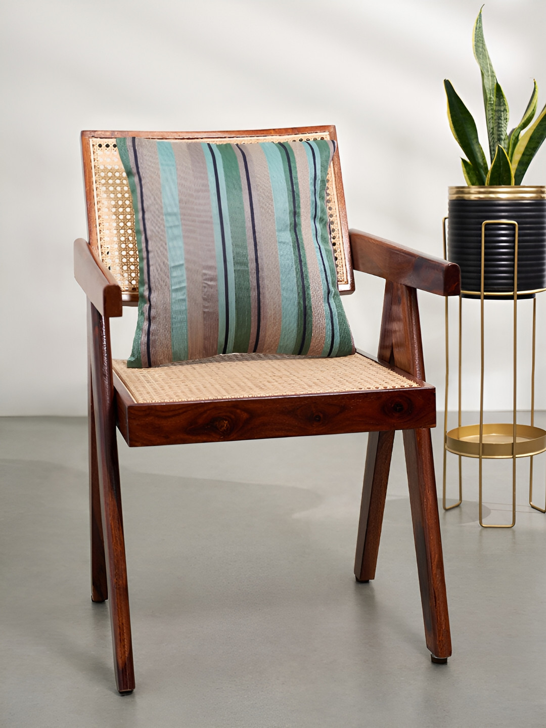 Living scapes by Pantaloons Teal Striped Cotton Washable Square Cushion Cover -16x16In