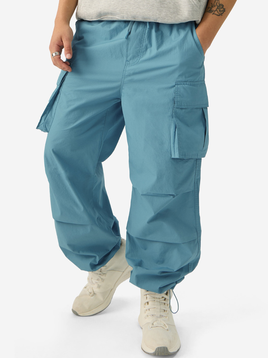 The Souled Store Men Blue Mid-Rise Pure Cotton Loose Fit Cargos