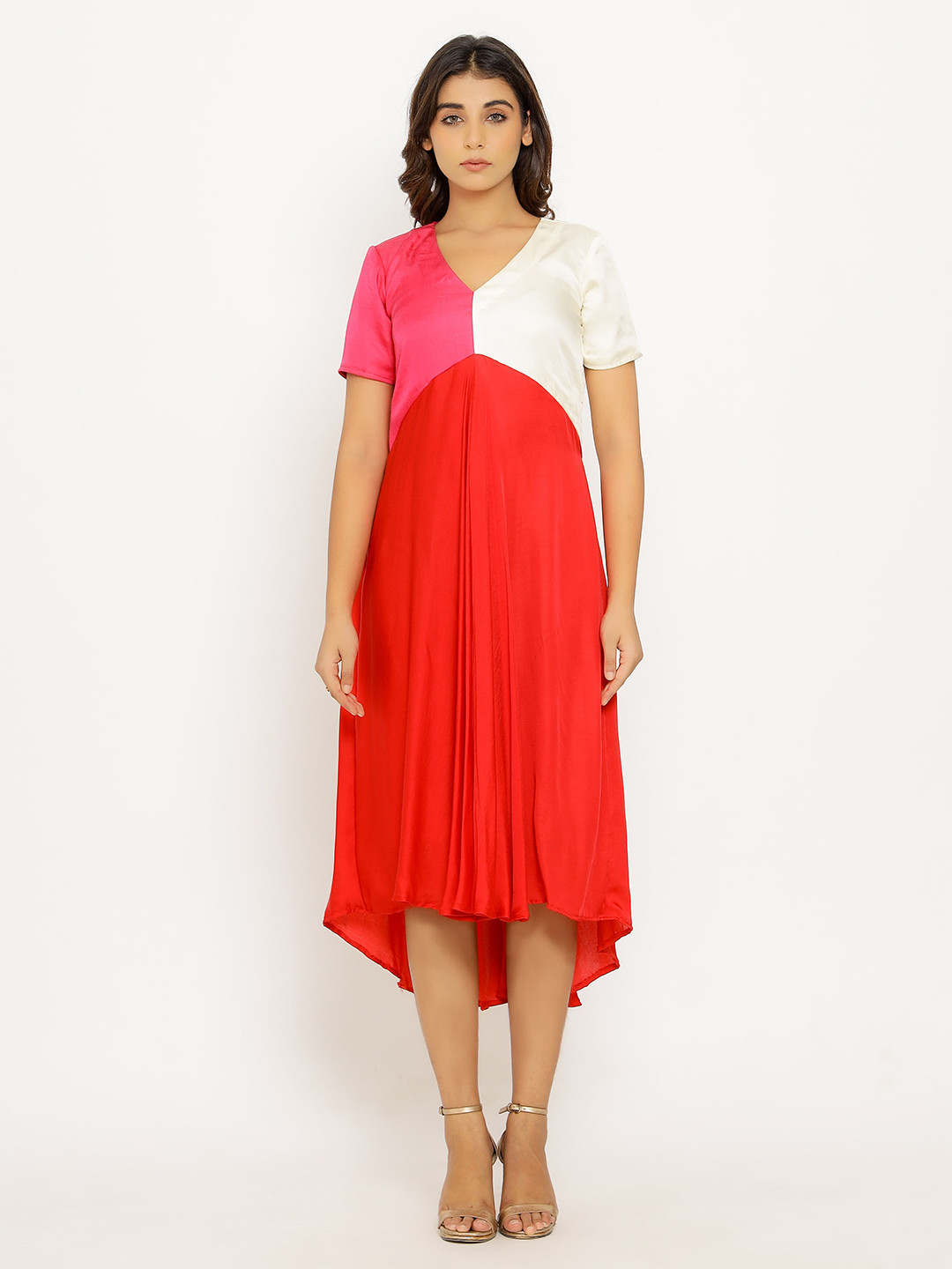 Neora Colourblocked V-Neck Short Sleeves A-Line Midi Dress