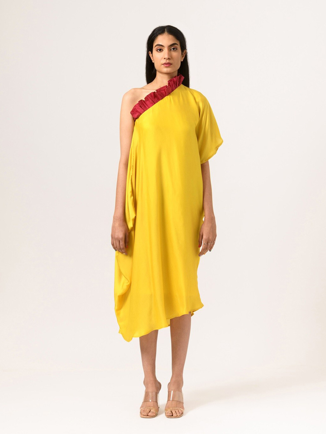 Neora One Shoulder Crepe A-Line Midi Dress