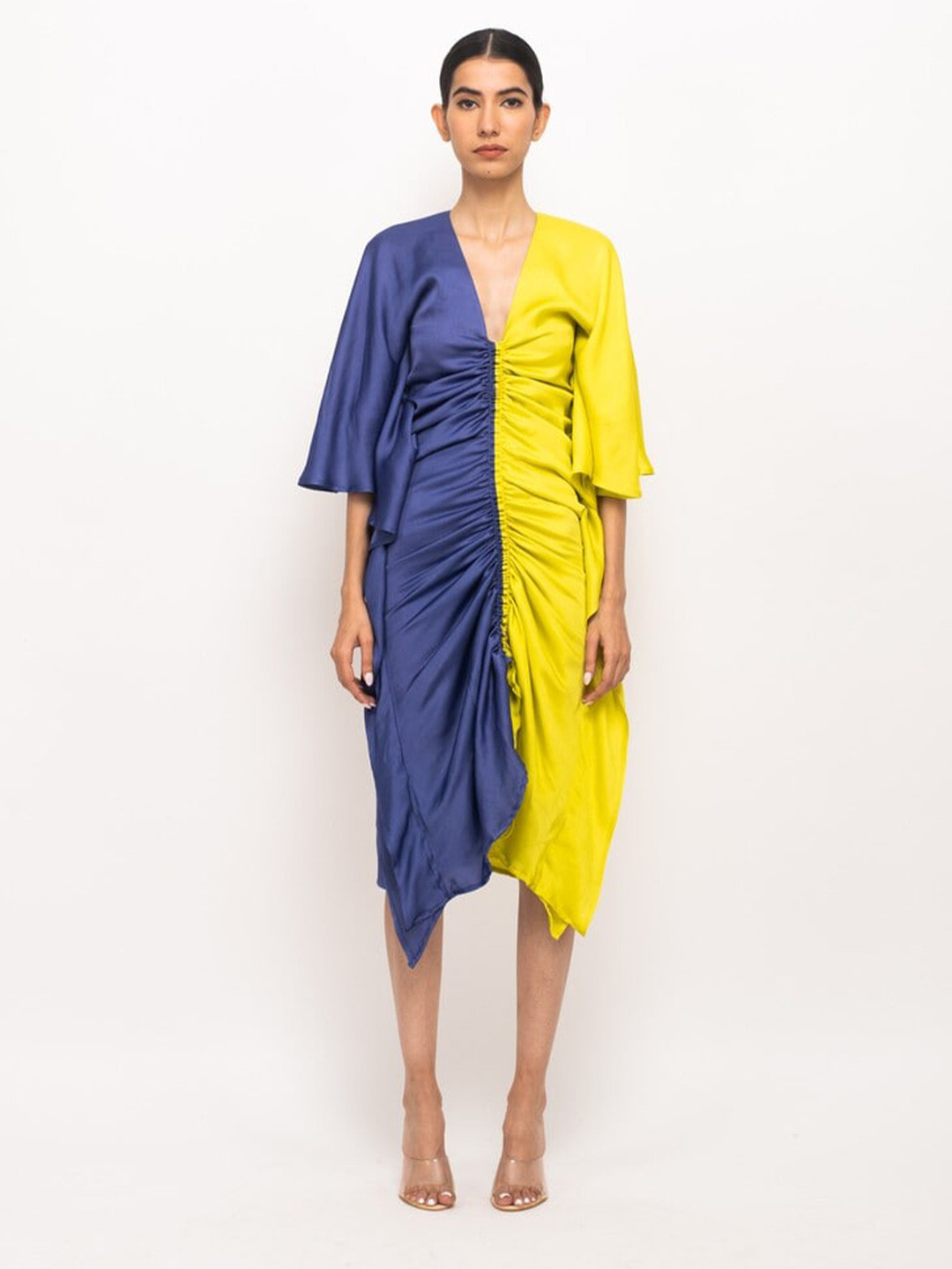 Neora V-Neck Ruched Sheath Midi Dress