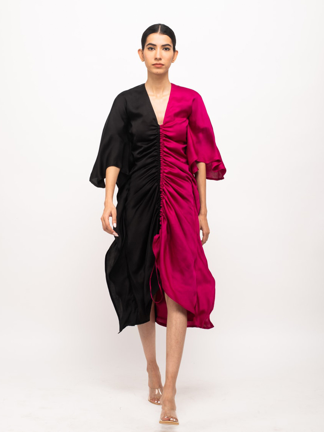 Neora V-Neck Ruched A-Line Midi Dress