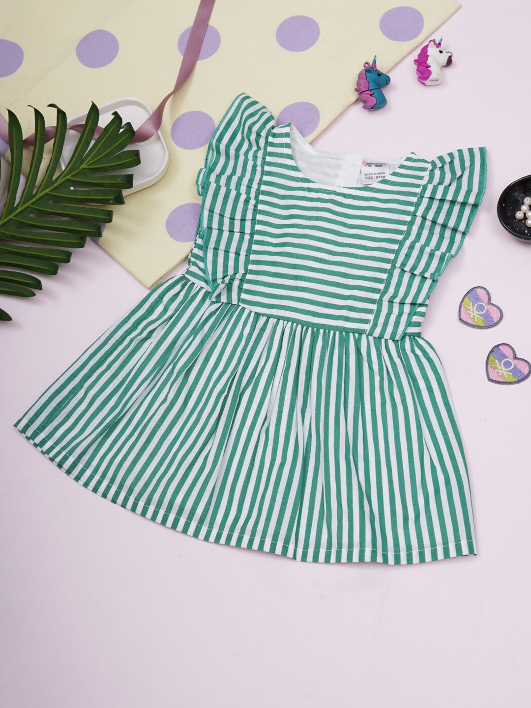 Creative Kids Round Neck Striped Ruffled Fit & Flare Dress