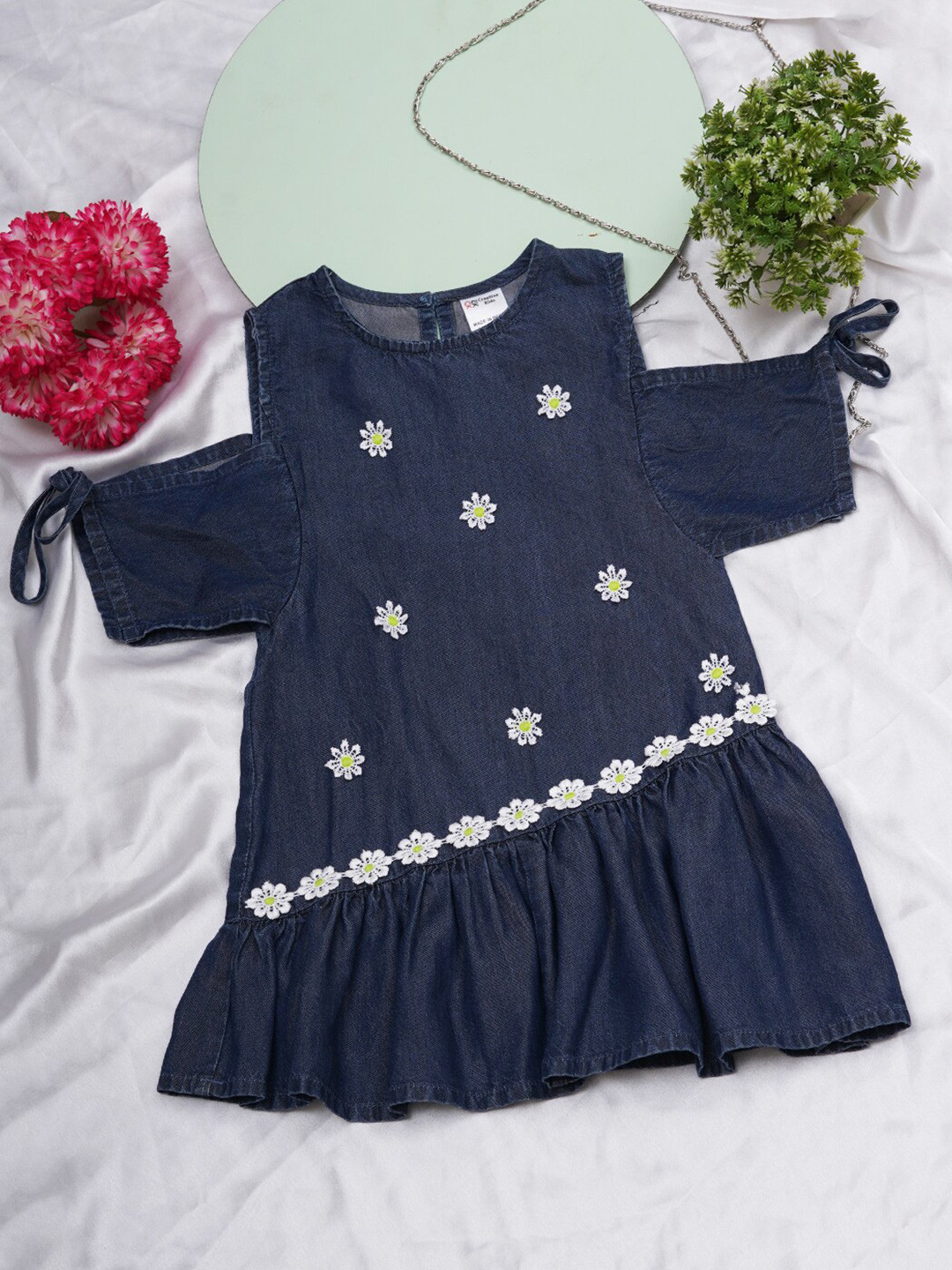 Creative Kids Infants Girls Cold-Shoulder Sleeves Lace Up Denim A-Line Dress