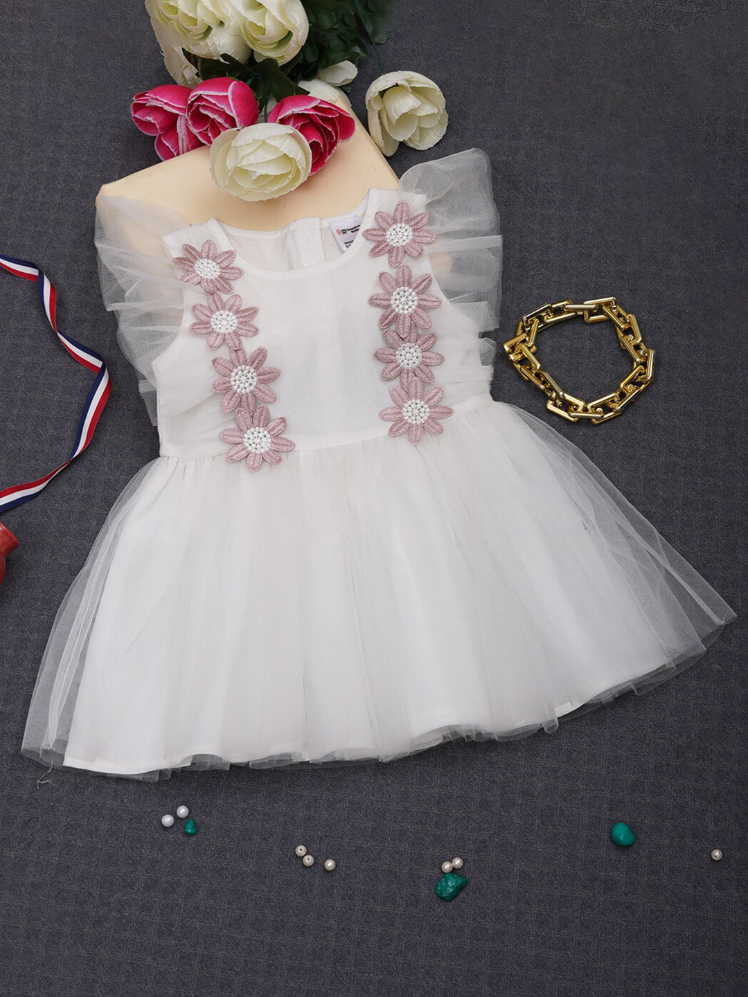 Creative Kids Girls Floral Lace Up Gathered Net A-Line Dress