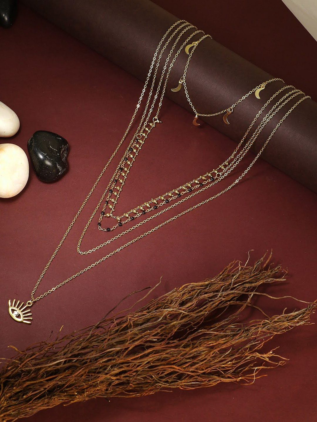 Adwitiya Collection Brass Gold-Plated Evil Eye Layered Chain