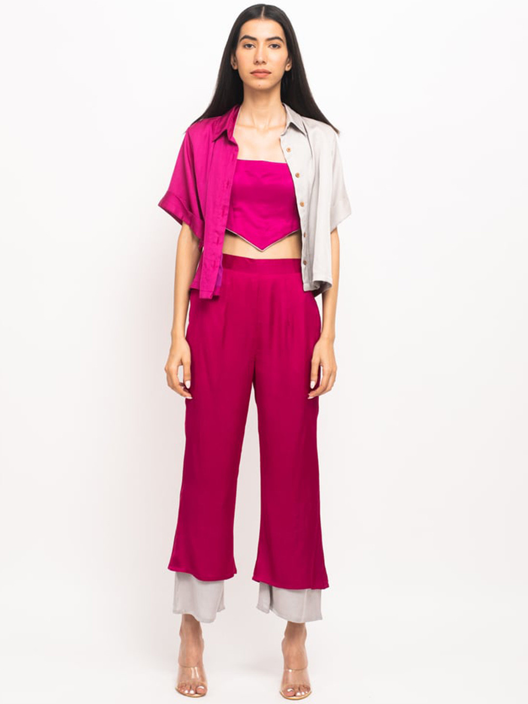 Neora Crop Top & Colourblocked Shirt With Trousers