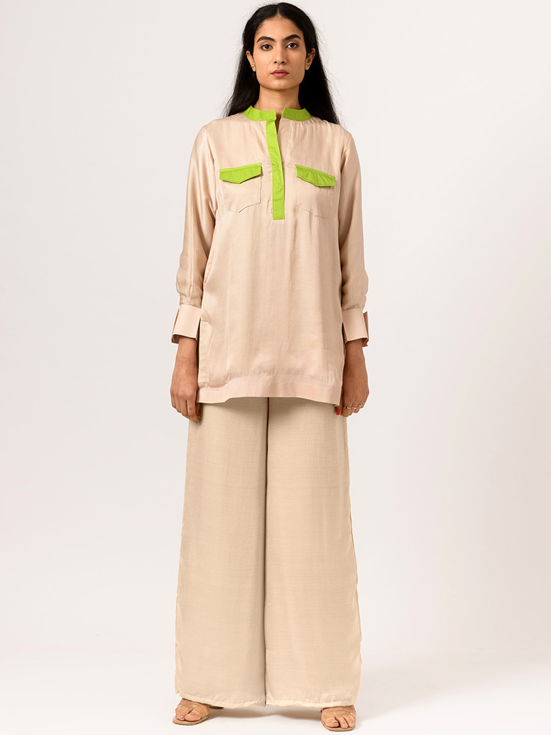Neora Colourblocked Mandarin Collar Full Sleeves Top With Palazzos