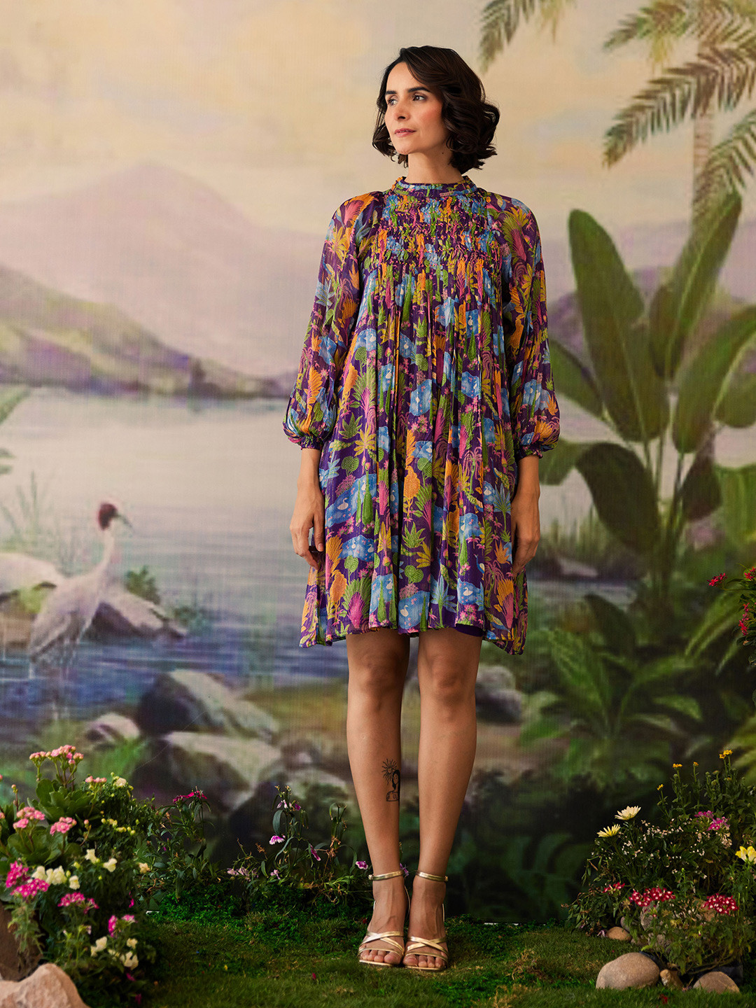 Baise Gaba Floral Printed Chiffon Smocked A-Line Knee Length Dress