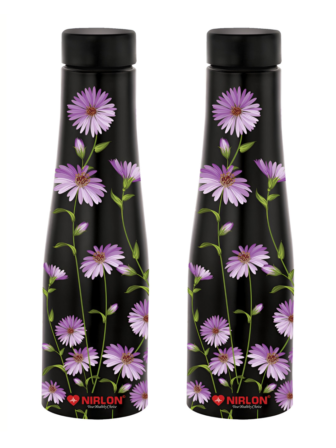 NIRLON Tall Bell Black Floral Stainless Steel Spill Proof 2 Piece Water Bottle - 1L