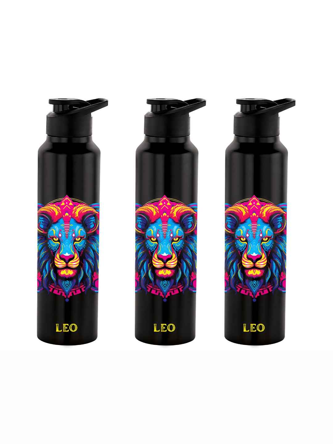 NIRLON Black 3 Pieces Printed Stainless Steel Single Wall Vacuum Water Bottles 1 L Each