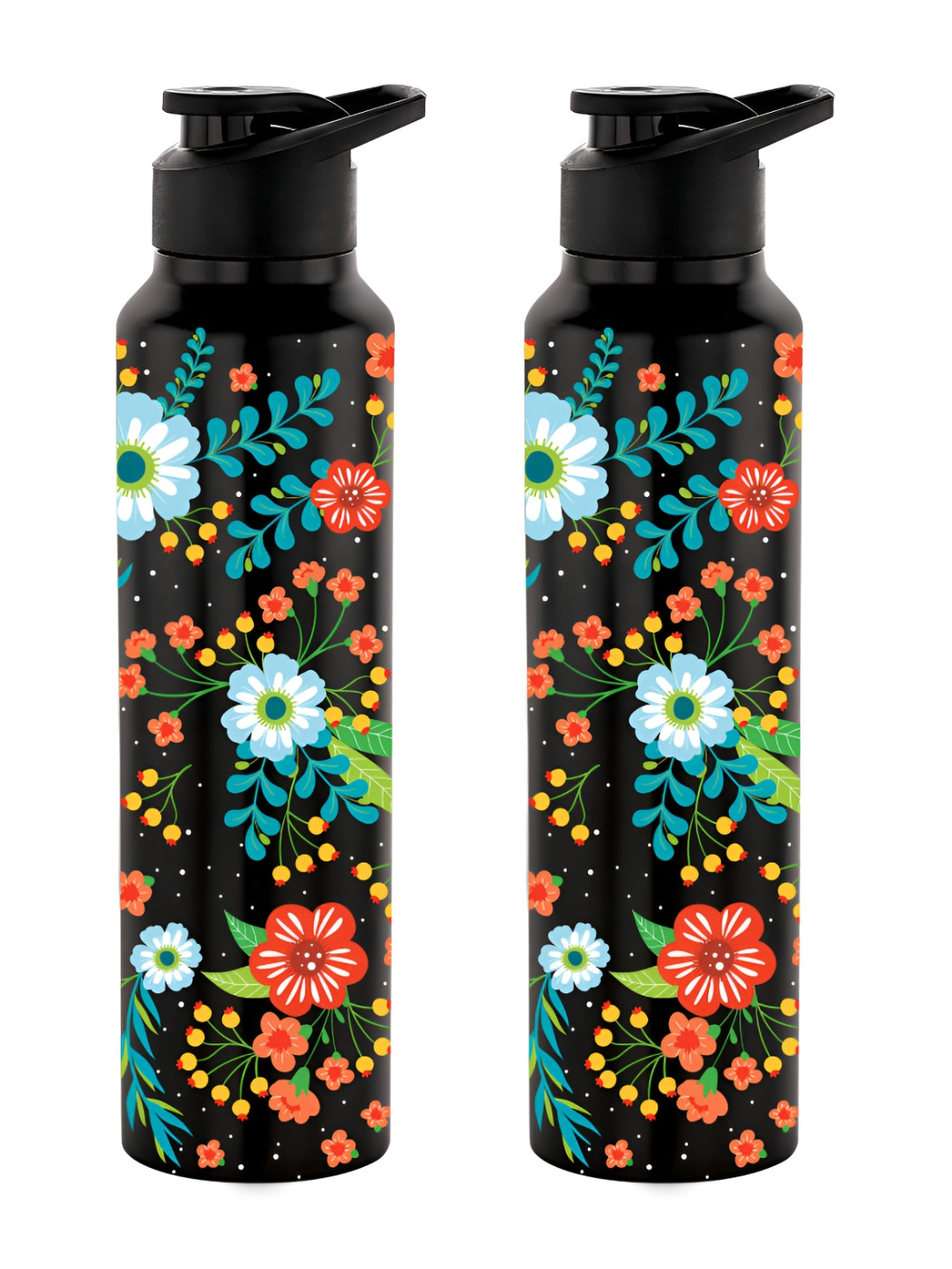 NIRLON Classic Flip Black Floral Stainless Steel Single Wall Vacuum 2 Piece Sipper - 1L