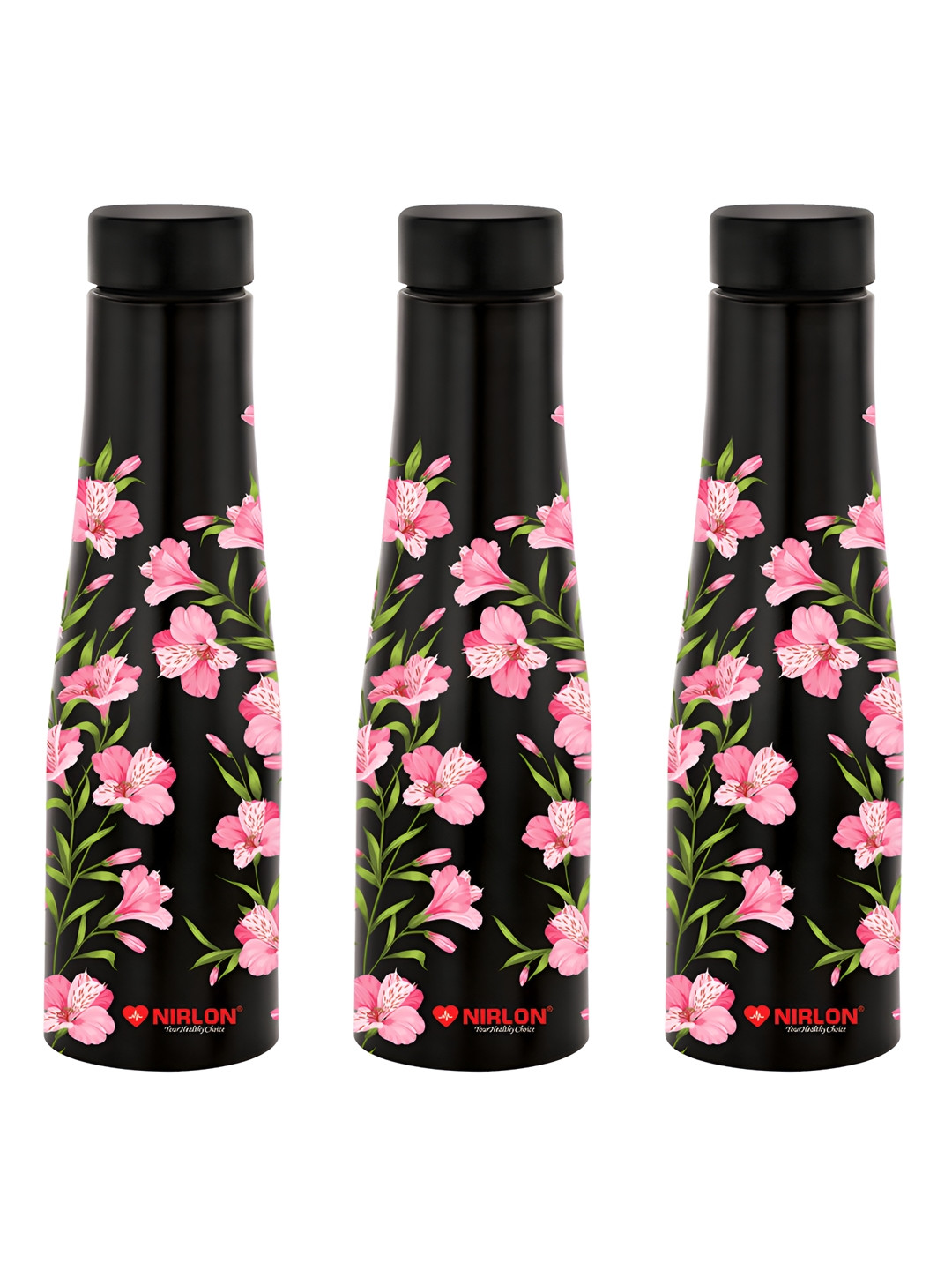 NIRLON Tall Bell Black Floral Stainless Steel Spill Proof 3 Piece Water Bottle - 1L