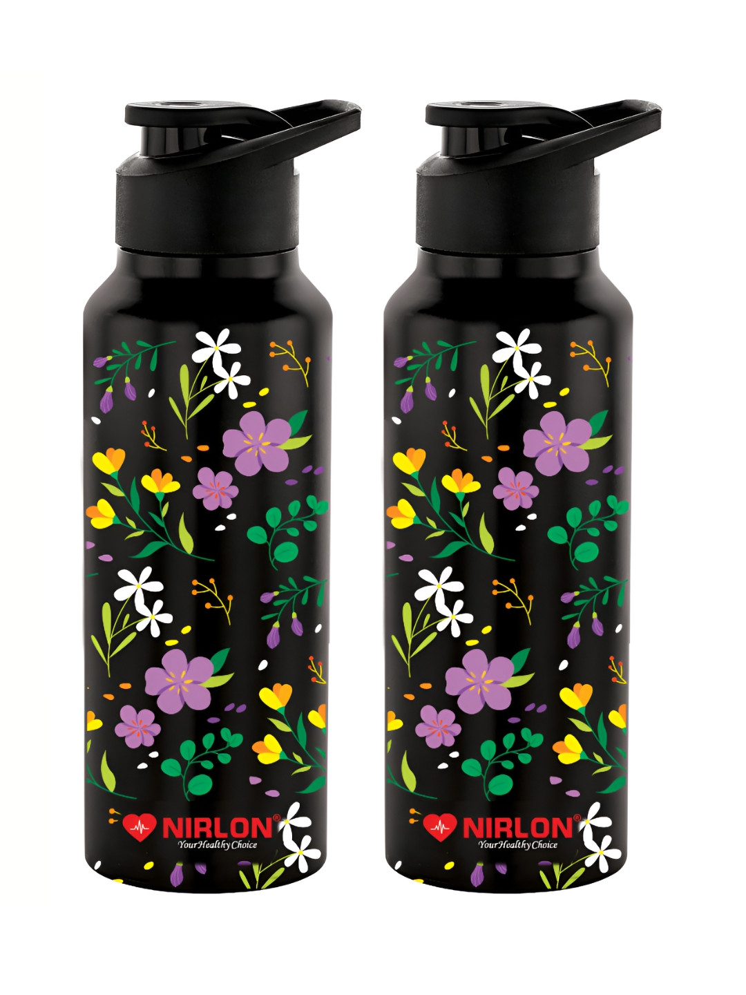 NIRLON Classic Black Floral Stainless Steel Single Wall Vacuum 2 Piece Sipper - 1L
