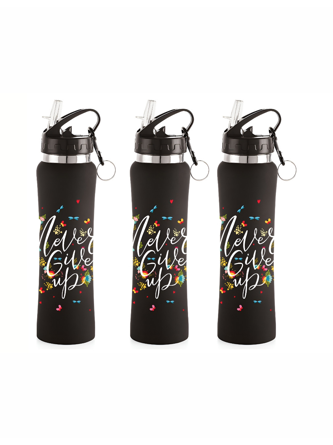 NIRLON Black 3 Pieces Printed Stainless Steel Single Wall Vacuum Sippers 750 ml Each