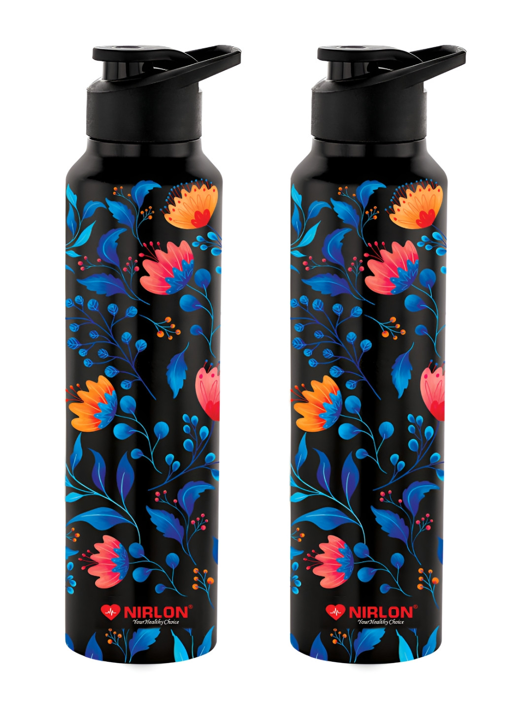 NIRLON Classic Black Floral Stainless Steel Single Wall Vacuum 2 Piece Sipper - 1L