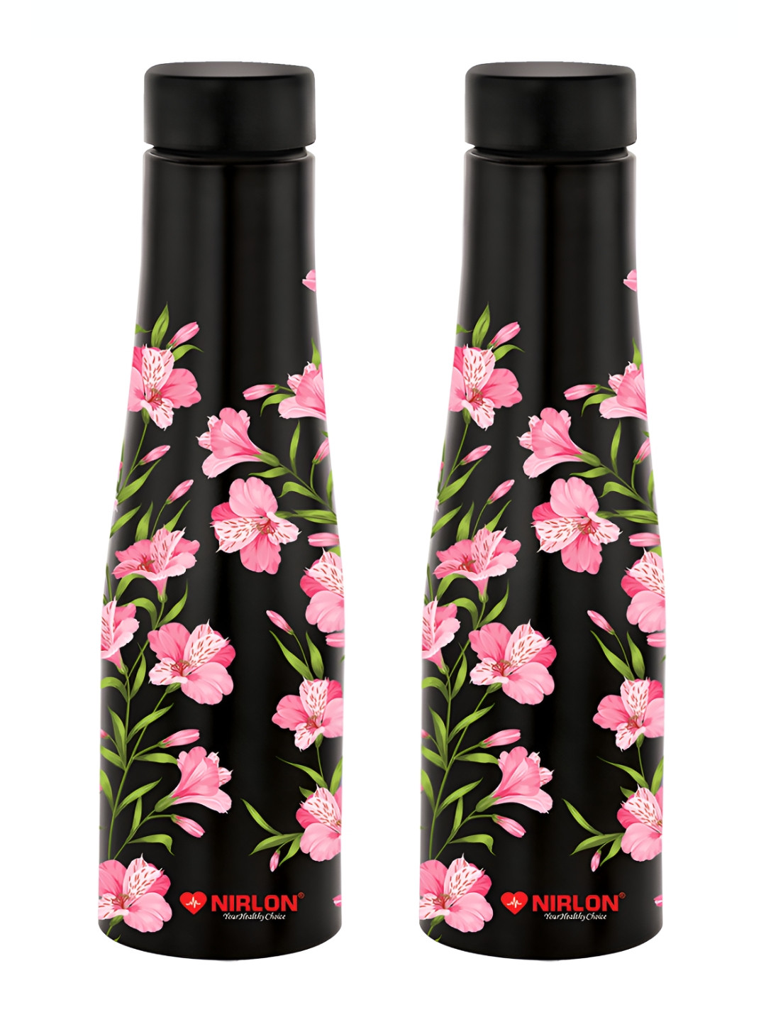 NIRLON Tall Bell Black Floral Stainless Steel Light-weight 2 Piece Water Bottle - 1L