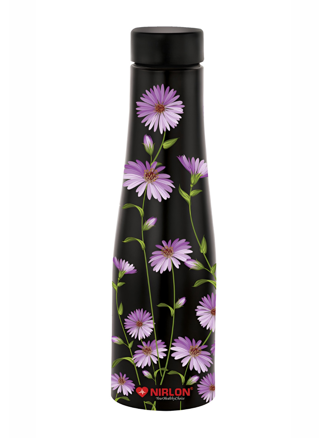 NIRLON Tall Bell Black Floral Stainless Steel Spill Proof Water Bottle - 1L