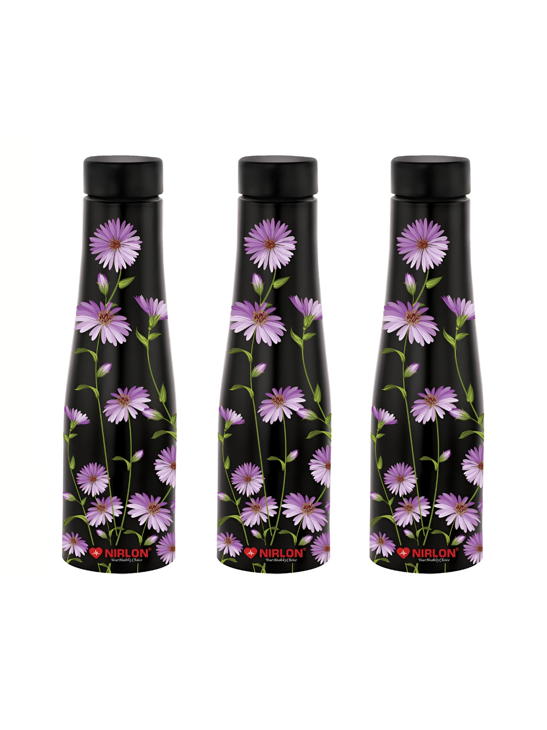 NIRLON Tall Bell Black Floral Stainless Steel Spill Proof 3 Piece Water Bottle - 1L