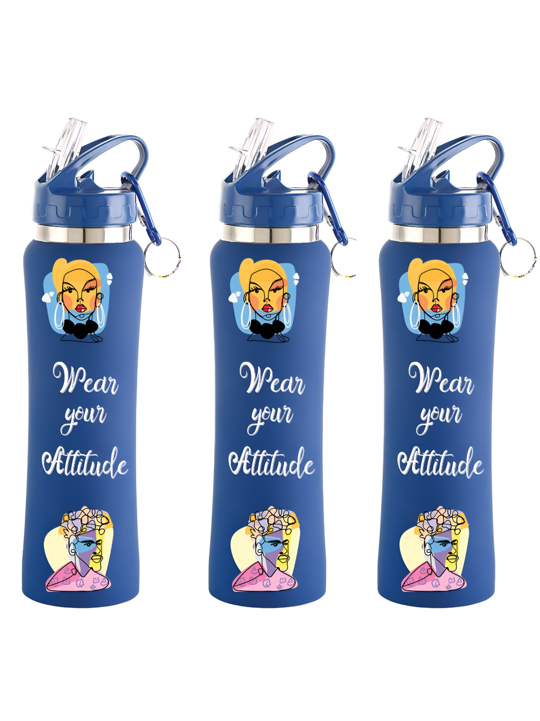 NIRLON Blue 3 Pieces Printed Stainless Steel Single Wall Vacuum Water Bottles 750 ml Each