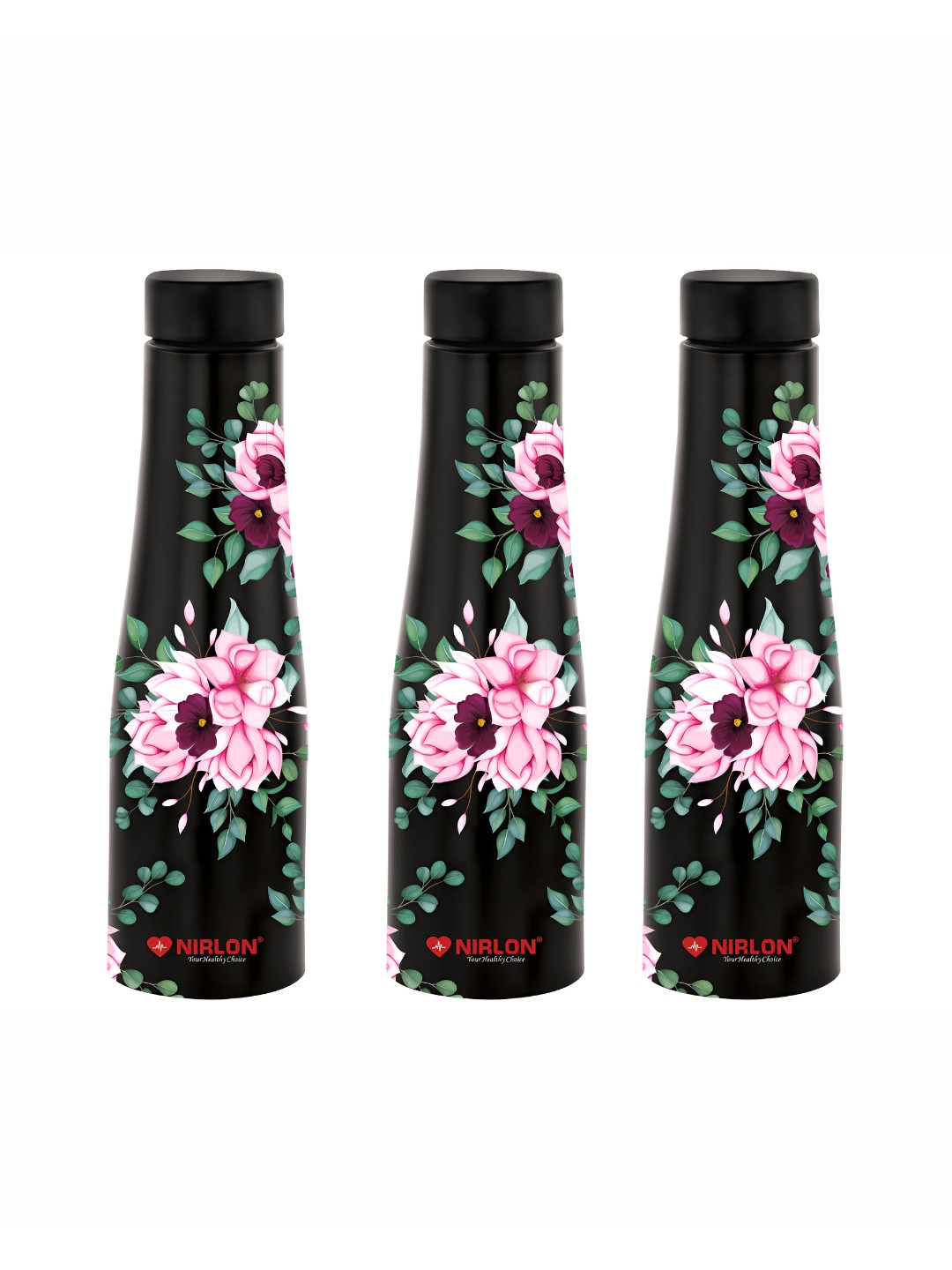 NIRLON Tall Bell Black Floral Stainless Steel Single Wall Vacuum 3 Piece Water Bottle - 1L