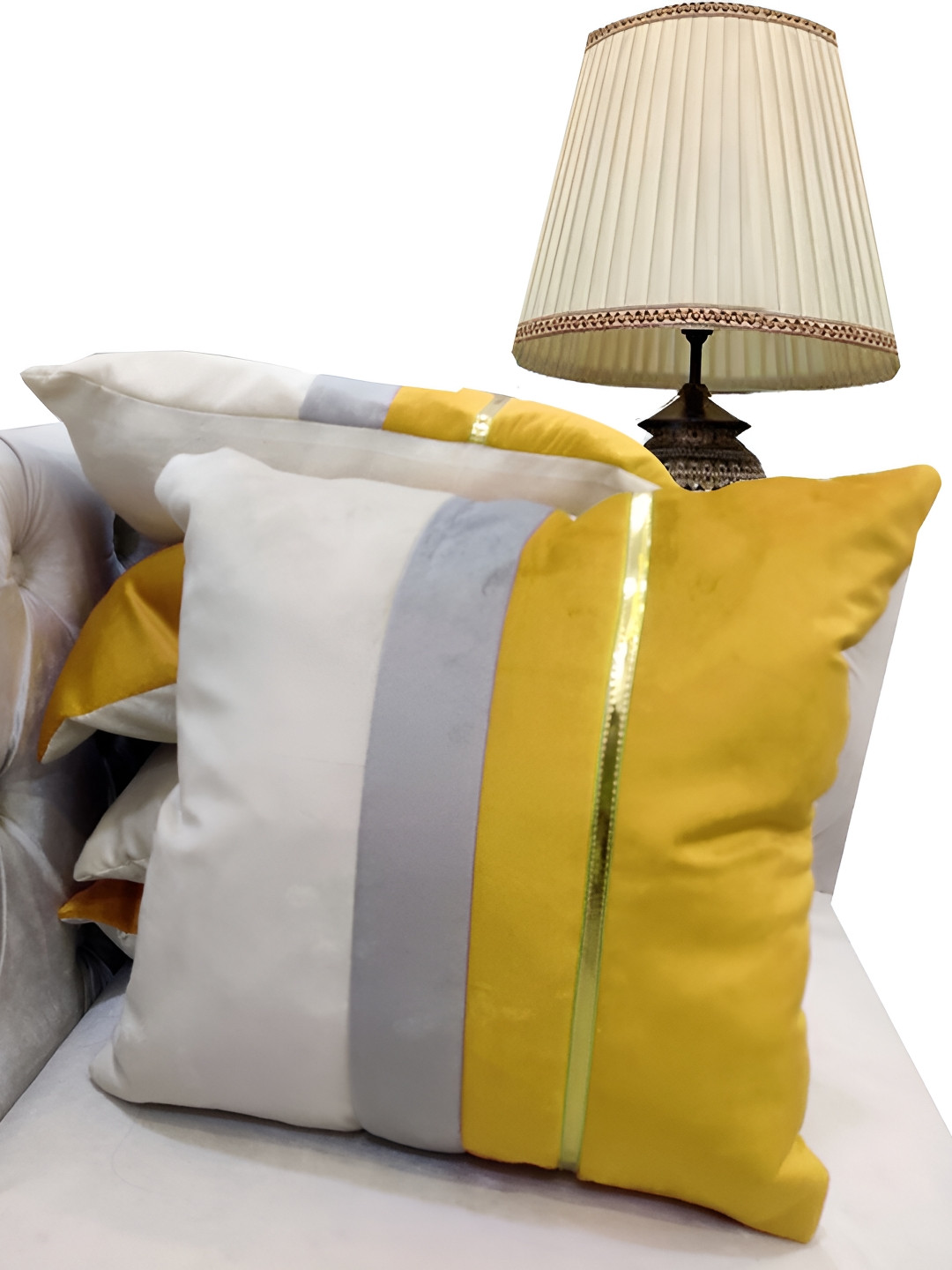 Good Vibes Yellow & Grey 5 Pieces Striped Velvet Square Cushion Covers