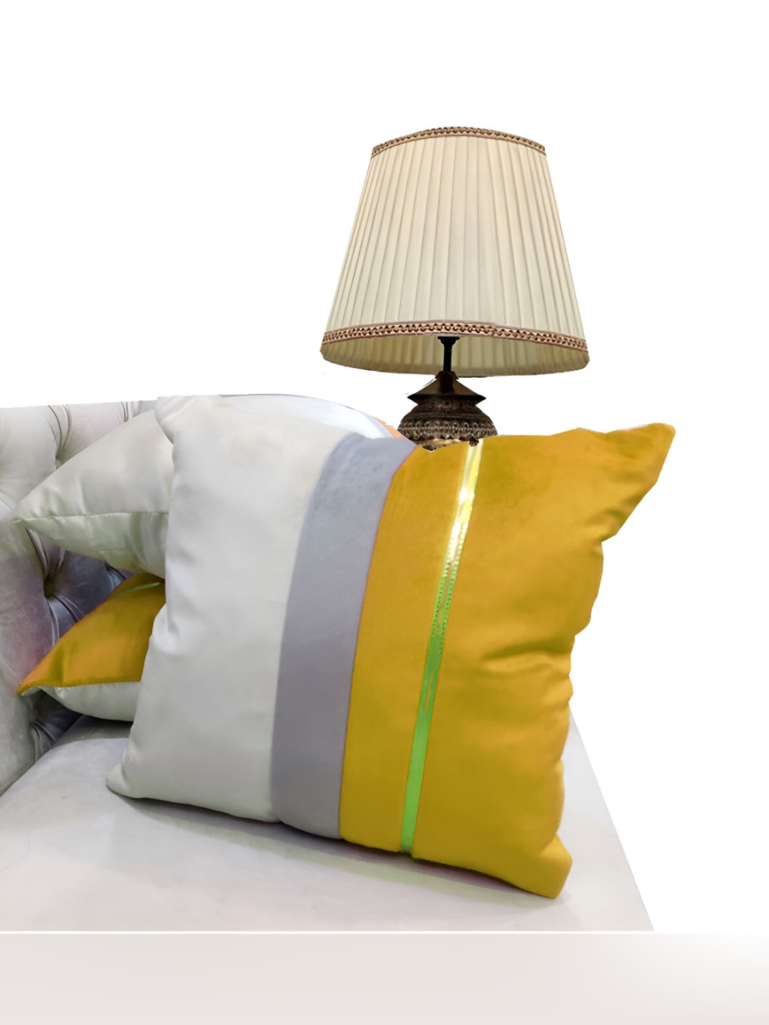 Good Vibes Yellow & Grey 3 Pieces Striped Velvet Square Cushion Covers