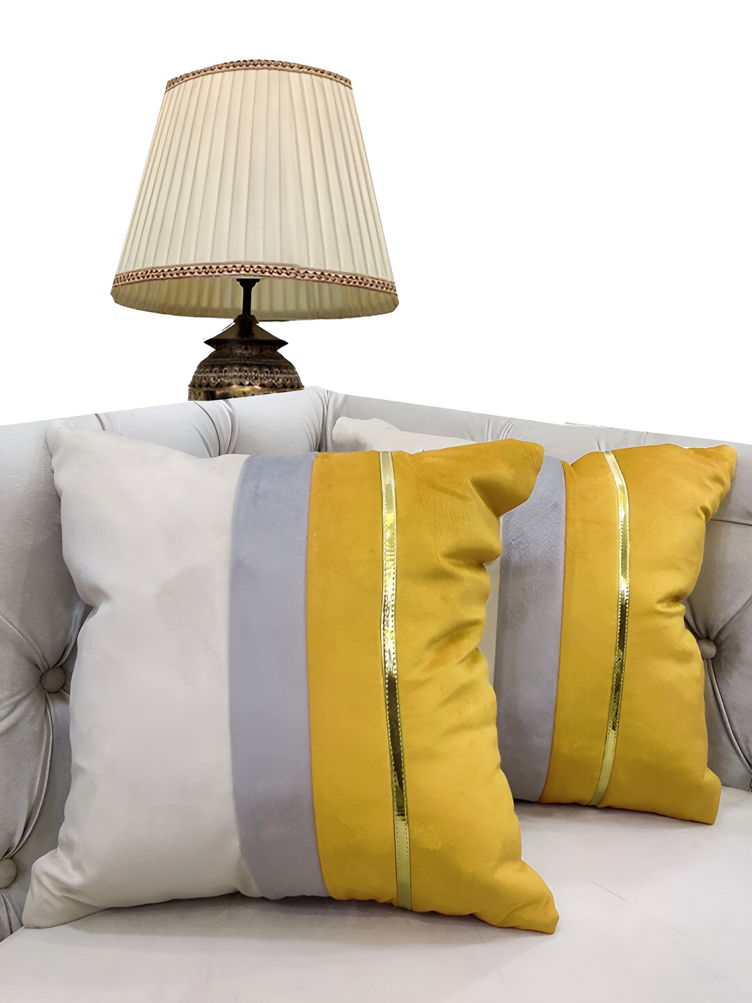 Good Vibes Yellow Striped Velvet Durable 2 Pcs Square Cushion Covers - 16 x 16 In