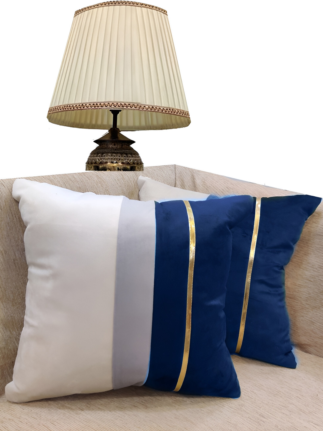Good Vibes Striped Blue Colourblocked Velvet Durable 2 Pcs Square Cushion Covers -16x16In