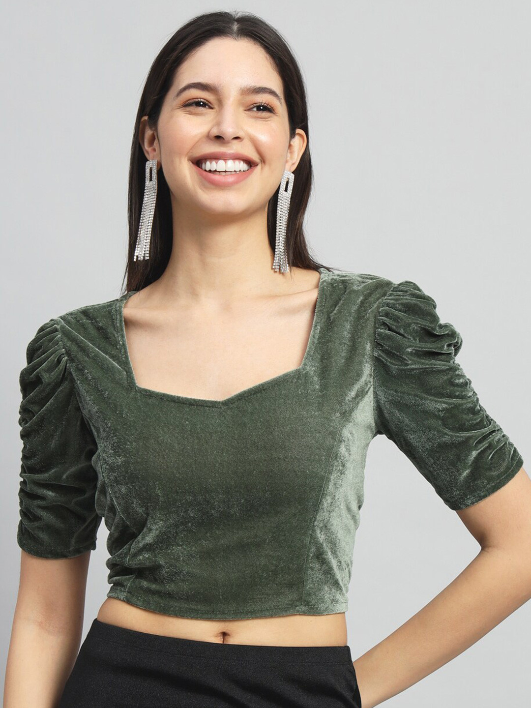 VAARARO Olive Green Velvet Crop Top with Sweetheart Neck