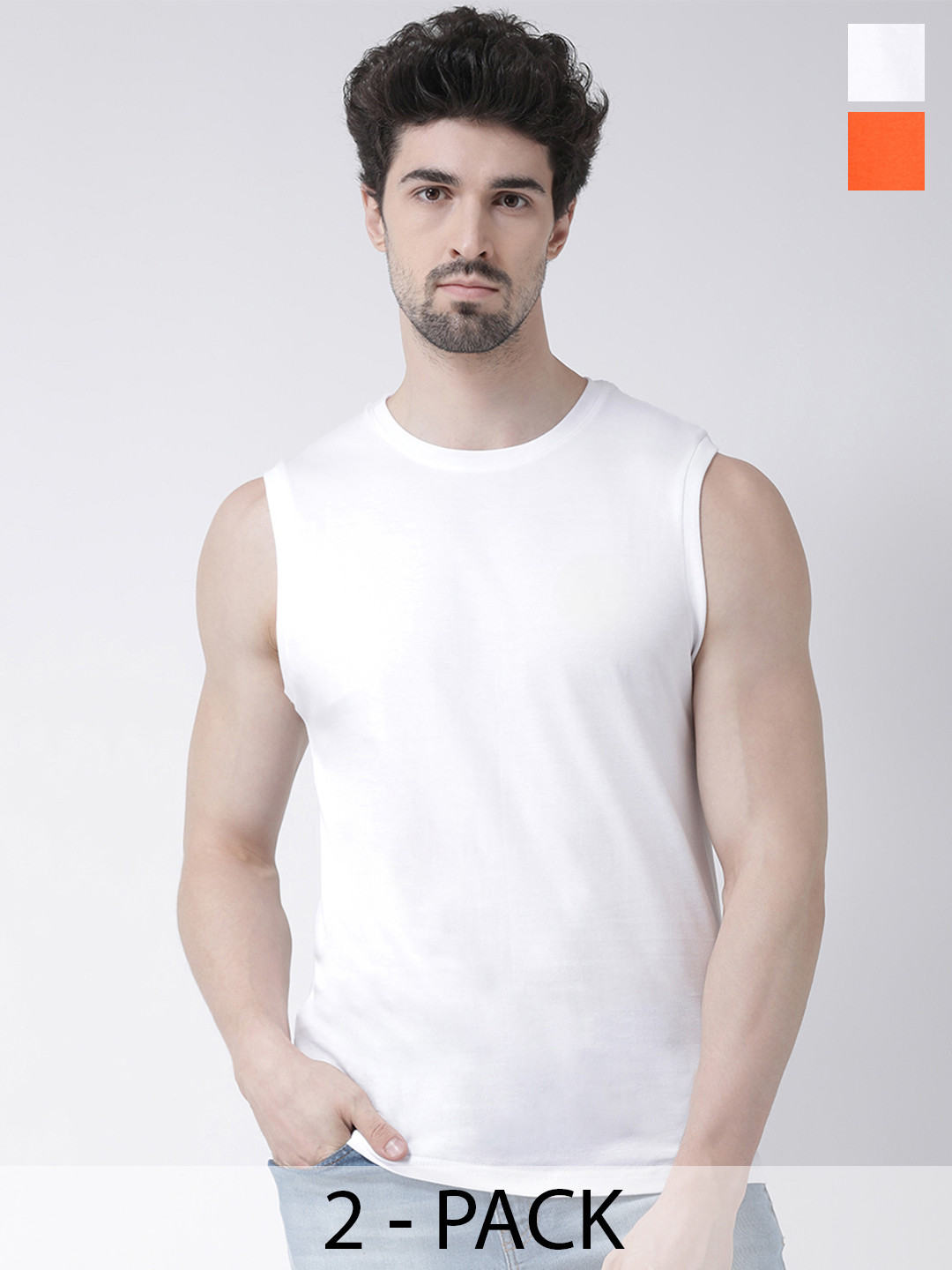 Friskers Pack Of 2 Round Neck Sleeveless Pure Cotton Slim Fit T-shirt