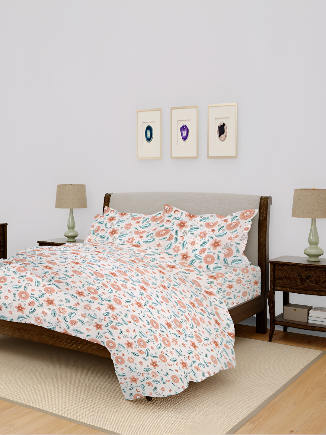 ARVIND Beige Floral Cotton 130 TC Queen Bedsheet with 2 Pillow Covers-90 x 100 inches