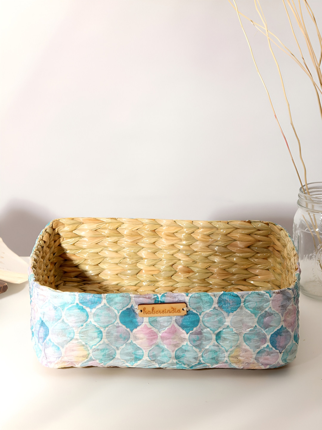 HABERE INDIA Beige & Blue Textured Bamboo Multi-Utility Organiser