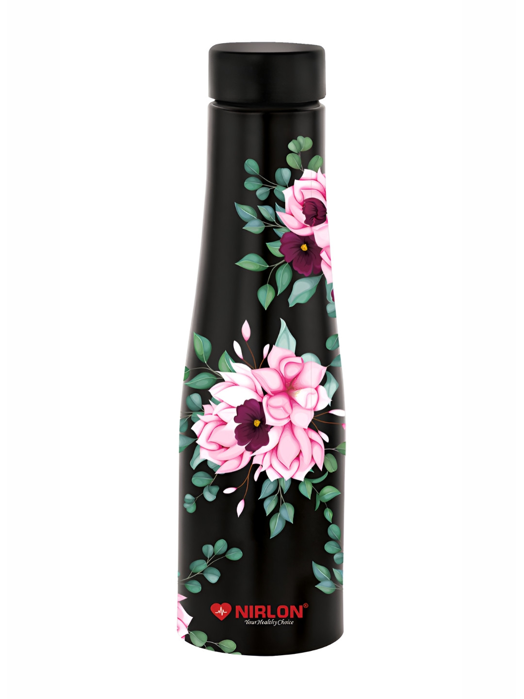 NIRLON Tall Bell Black Floral Stainless Steel Single Wall Vacuum Water Bottle - 1L