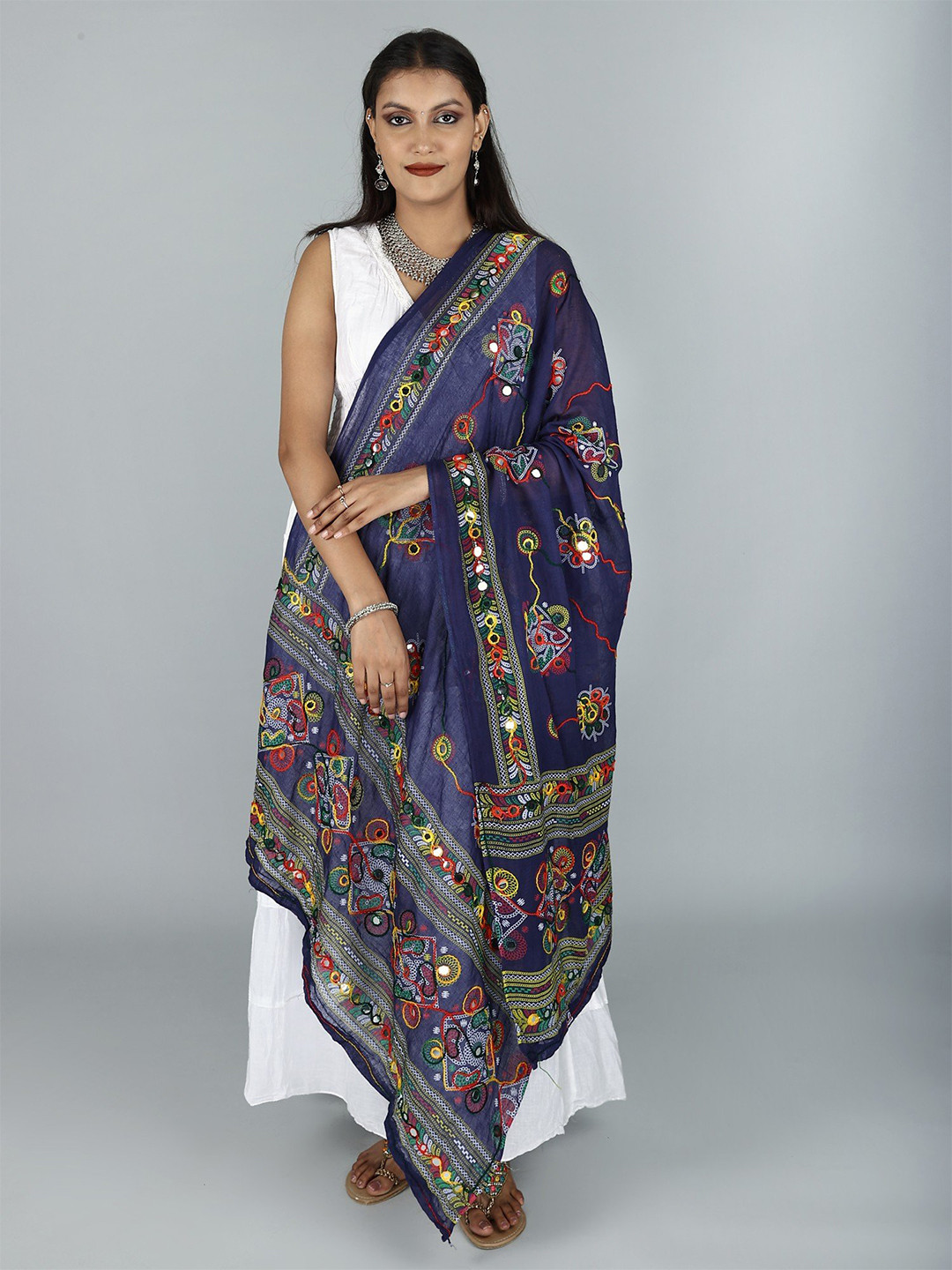 Exotic India Navy Hand-Embroidered Florals and Mirrors Pure Cotton Dupatta