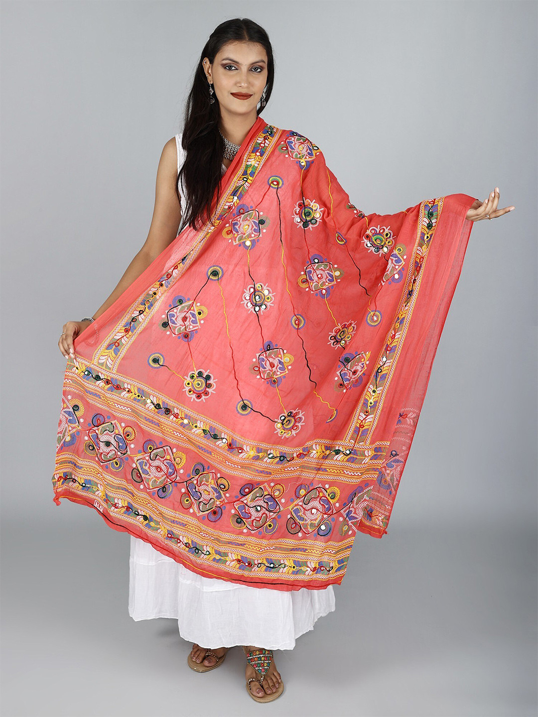 Exotic India Bittersweet Hand-Embroidered Florals and Mirrors Pure Cotton Dupatta