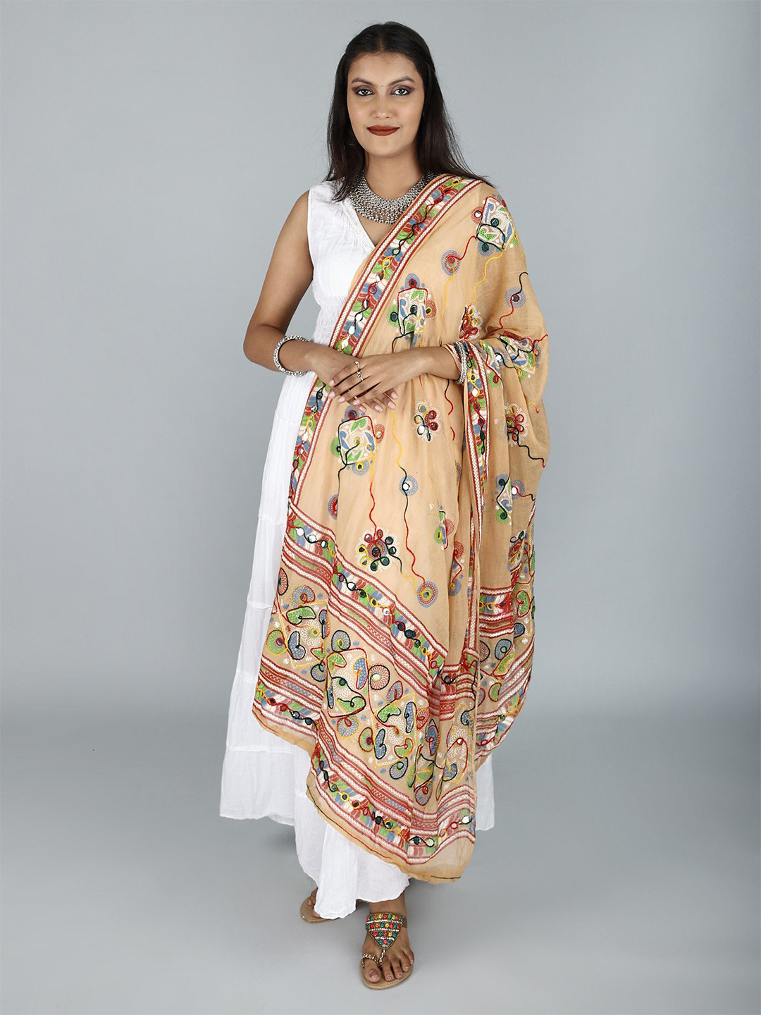 Exotic India Beige Hand-Embroidered Florals and Mirrors Pure Cotton Dupatta